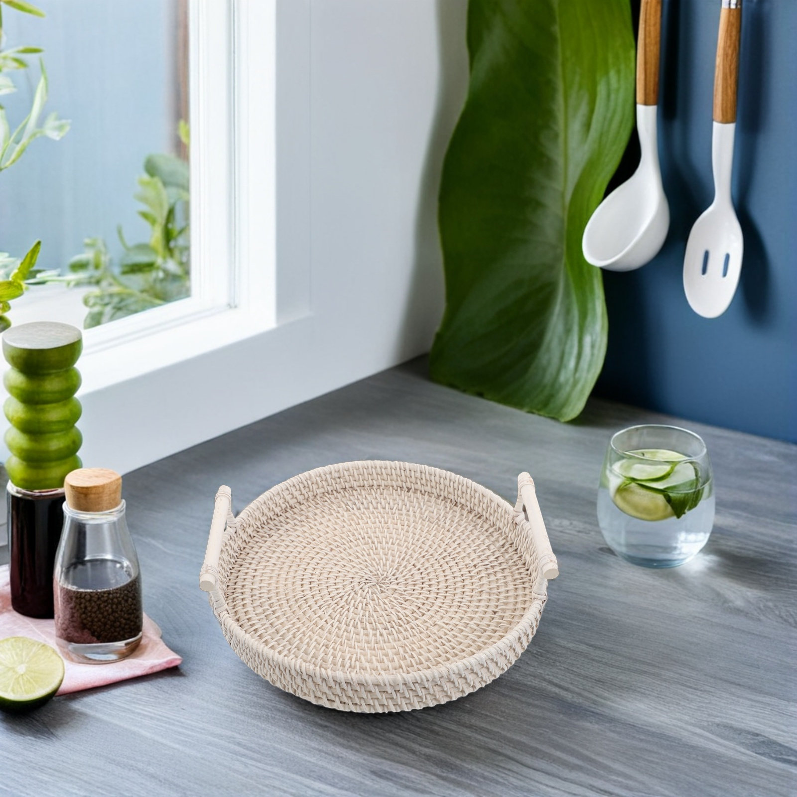 Geweven ronde dienblad van rot - Rattan Tray Handle recensie en prijs
