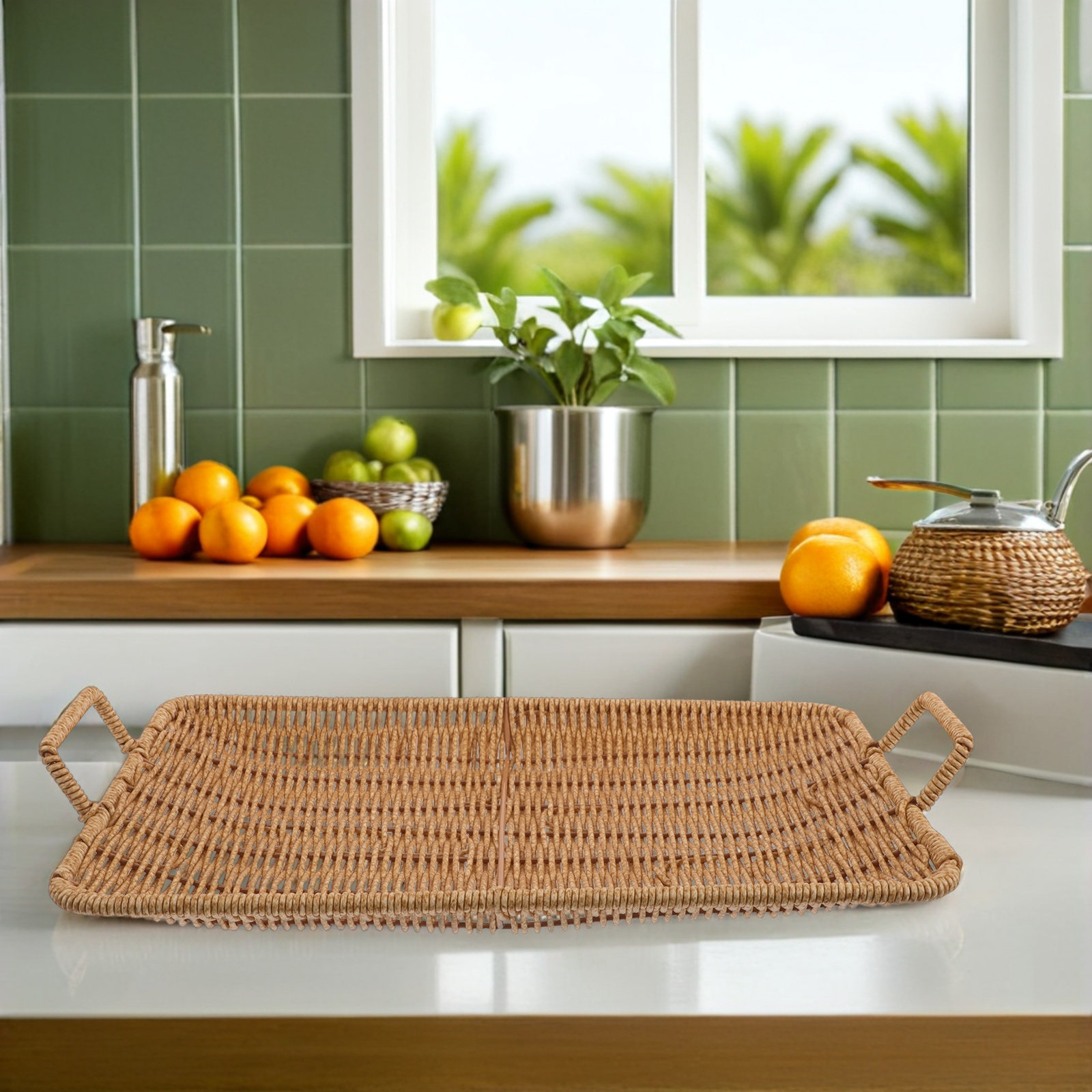 Rechthoekige plastic serveersc - Rattan Tray Handle recensie en prijs